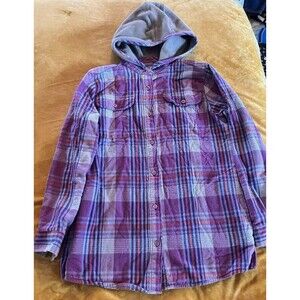 LL Bean Flannel Shacket Girl’s Large 12 Pink Plaid Fleece Lined Outdoor Hooded
